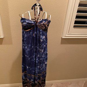 Strapless Unique Print Long Dress w/ Wood Bead Tie